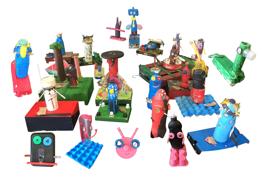 sculptures en recyclage, bidons, boîtes...