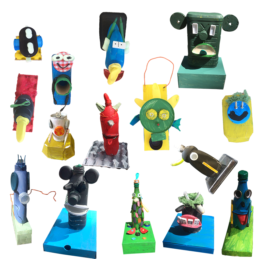 sculptures en recyclage, bidons, boîtes...