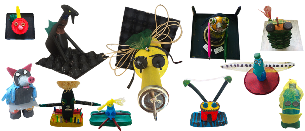 sculptures en recyclage, bidons, boîtes...